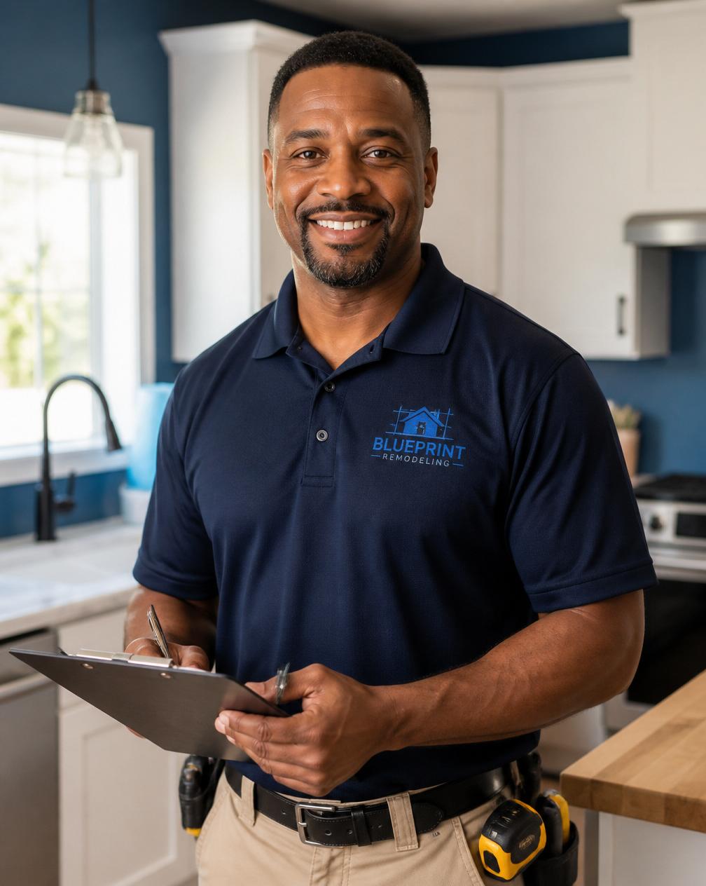 TurnKey Painting & Remodeling contractor with clipboard in a newly renovated Shreveport kitchen