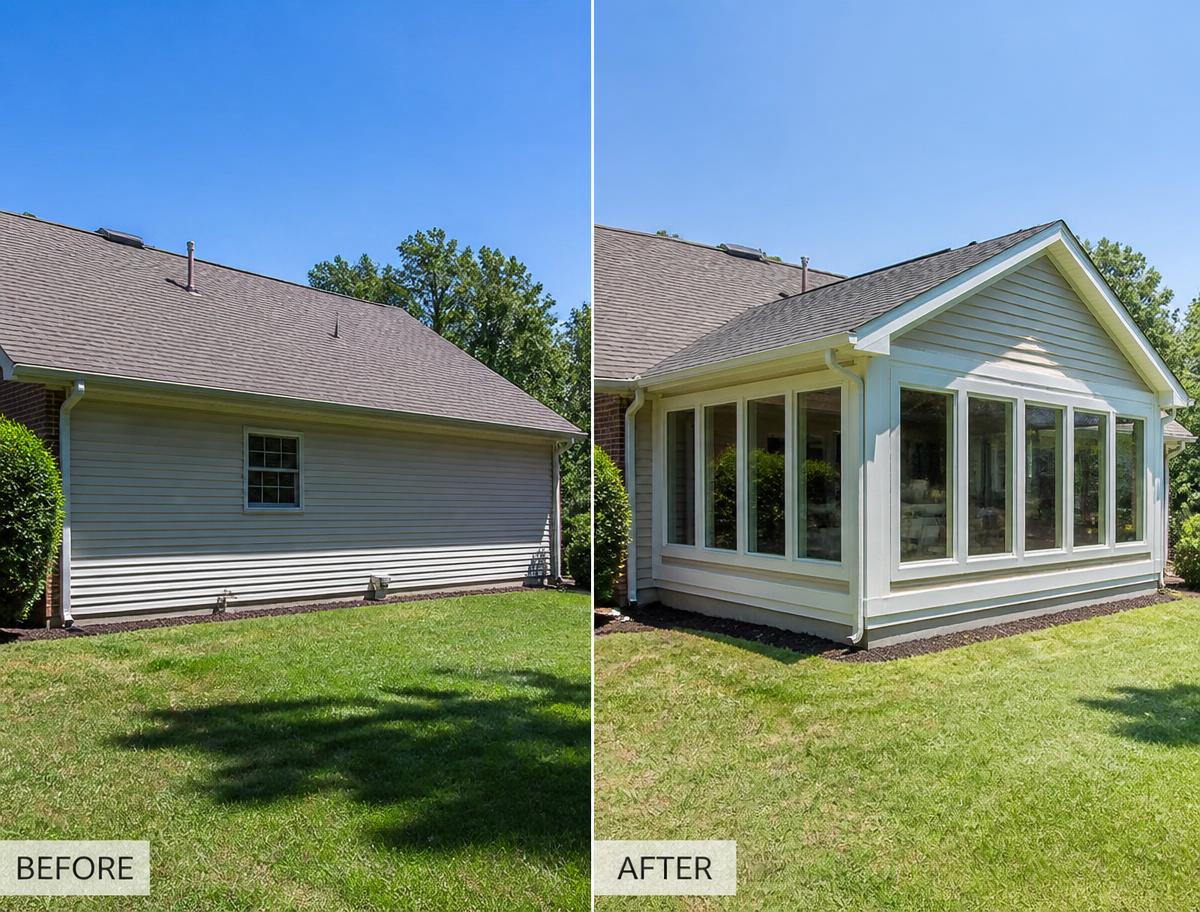 Before and after of a new sunroom addition on the back of a Shreveport home