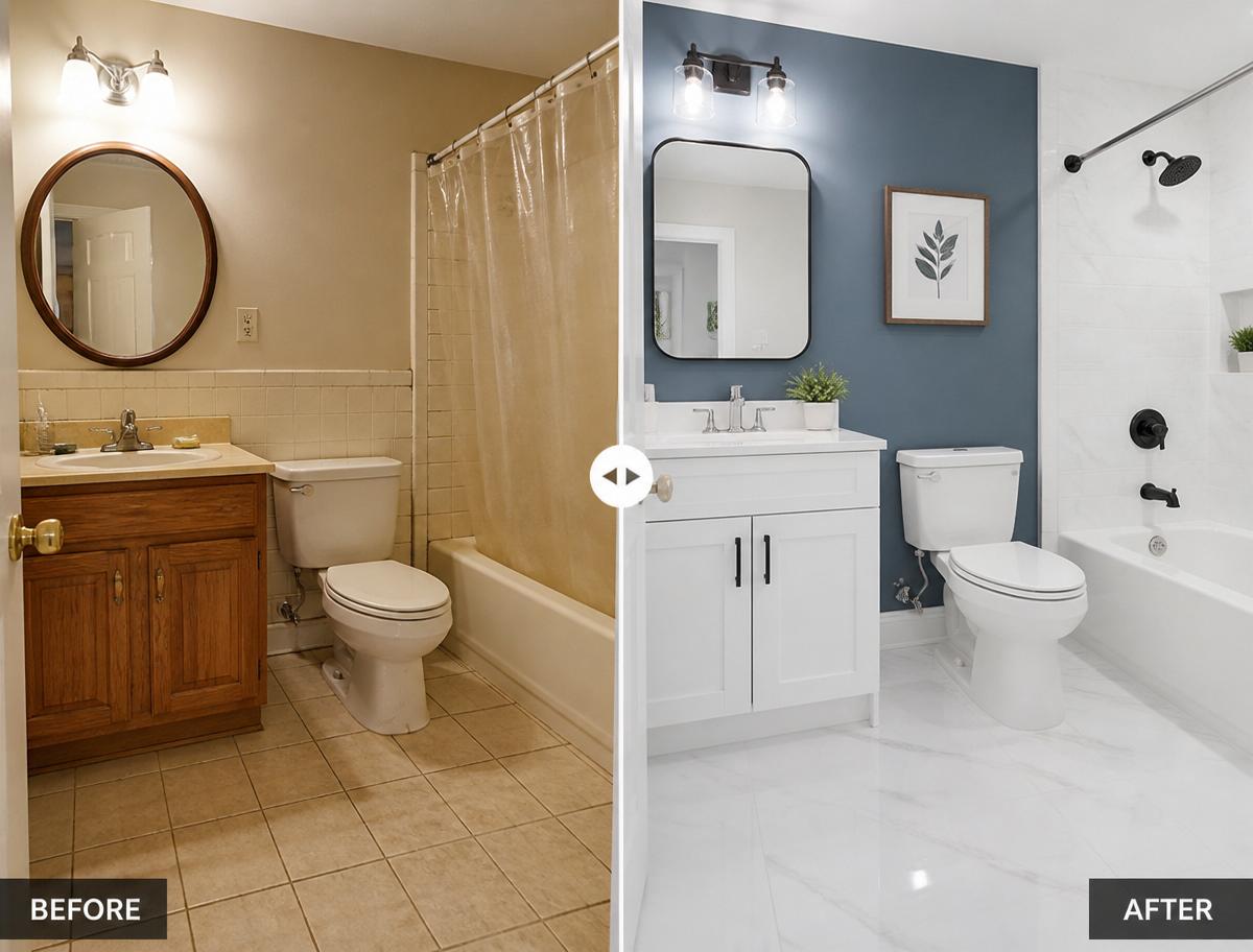 Before and after of a full bathroom remodel with marble tile and blue accent wall