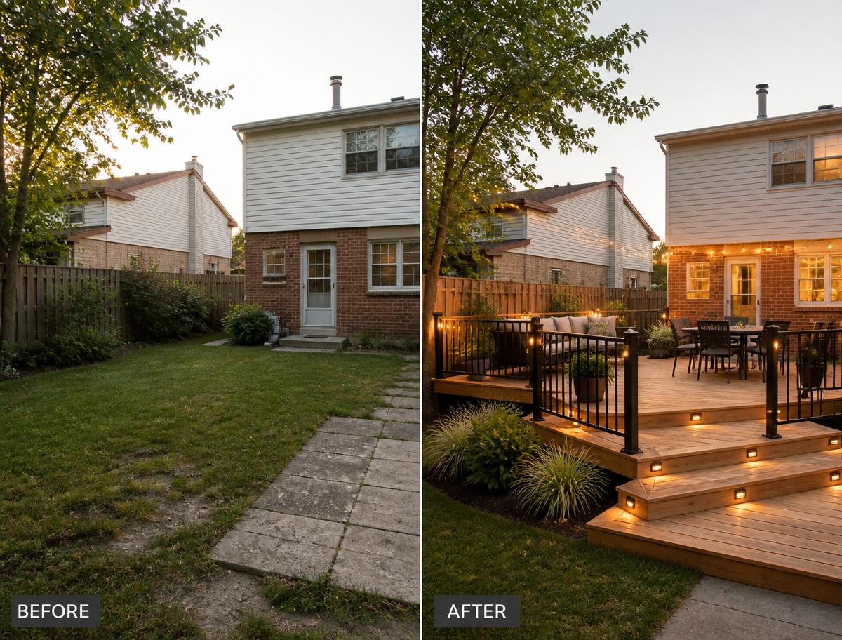 Before and after of a new backyard cedar deck build with lighting