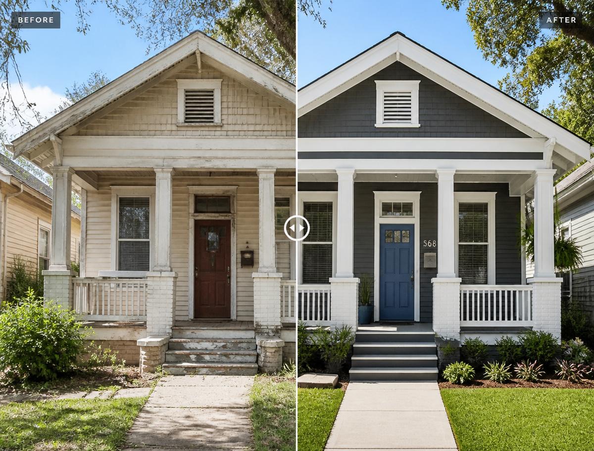 Before and after of a full exterior repaint on a Shreveport bungalow