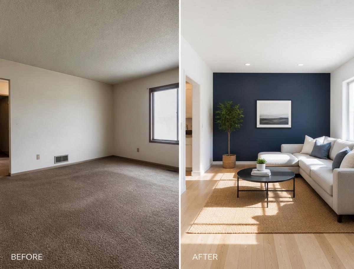 Before and after of an interior living-room repaint and refinished floors