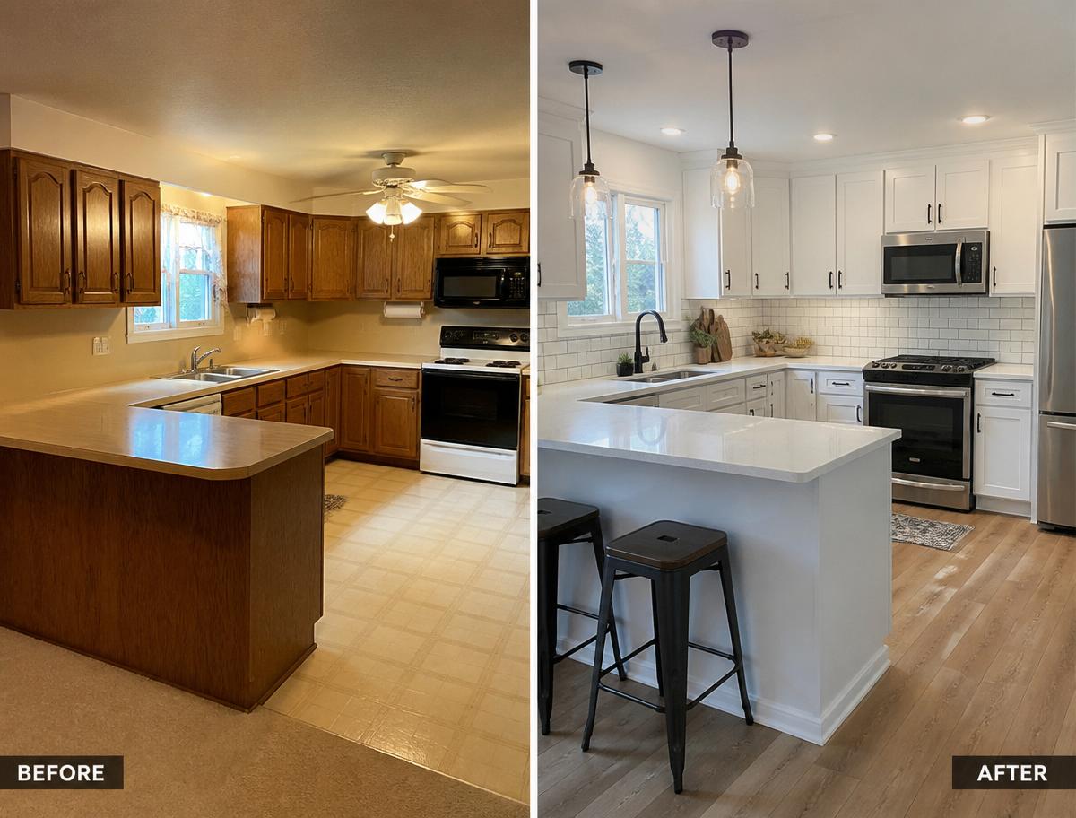 Before and after of a Shreveport kitchen remodel with white shaker cabinets and quartz counters